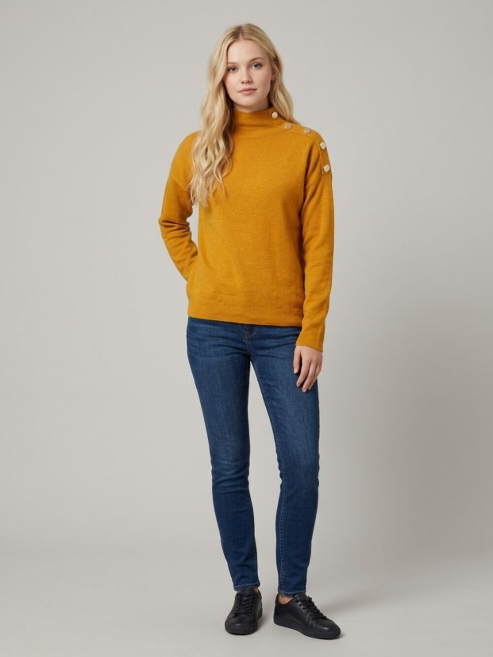TAHARI Epaulet Button Shoulder Mock Neck Sweater Marigold Small #A4505